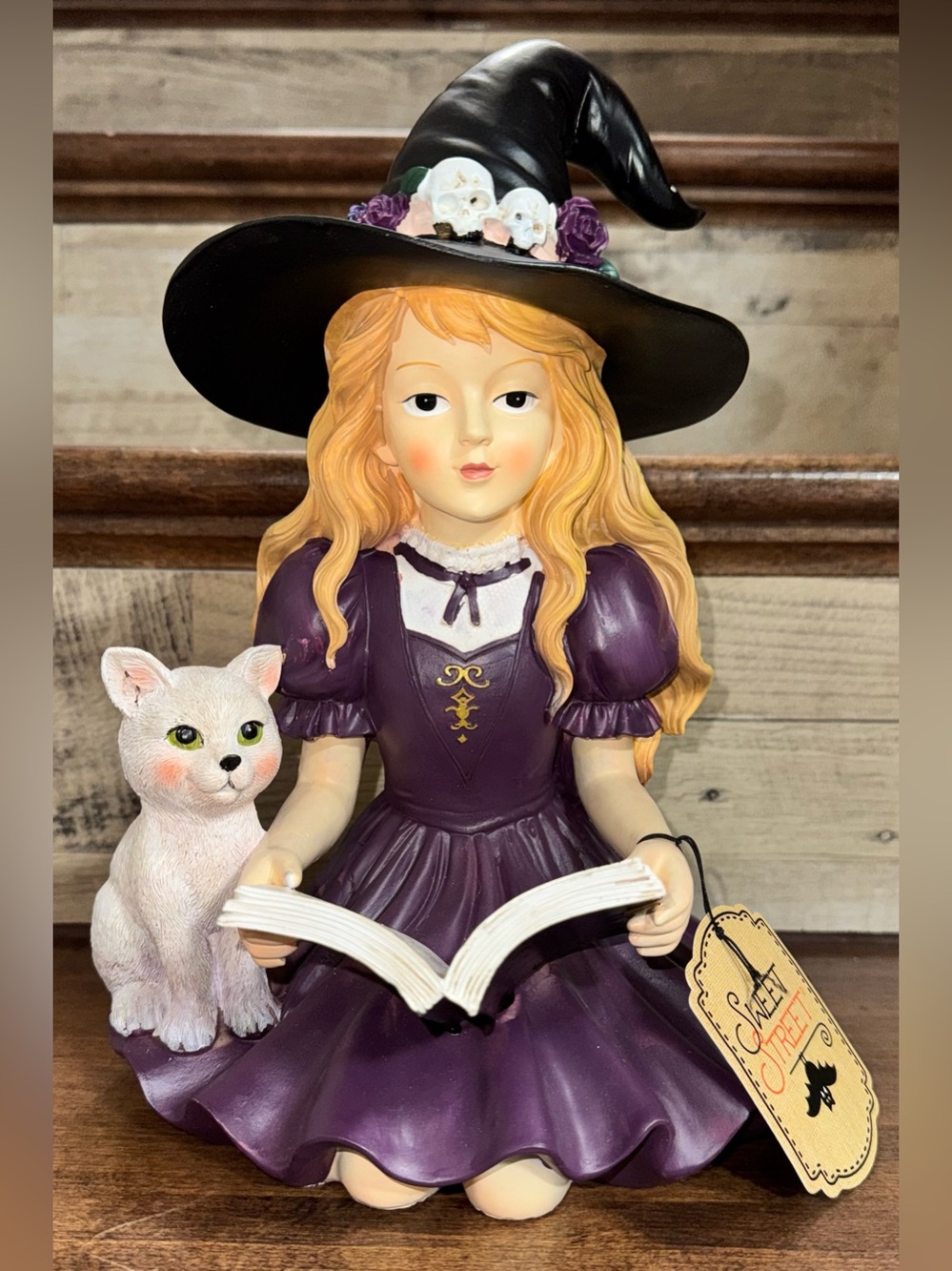 🥰 Sweet Street 12” Witch 🧙♀️ Girl Reading Book 📖 With White Cat 🐈⬛ Figurine